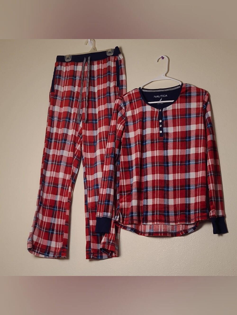 Nautica Womens Fleece Red Plaid Two-Piece Pajama Set Size Small
